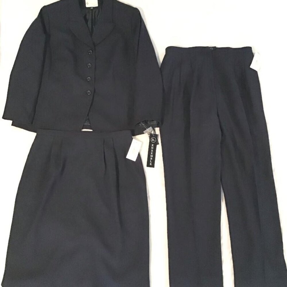 Kasper for Dillards Womens Suit 16W 3 Pc. Jacket Skirt Pants Navy Blue Business